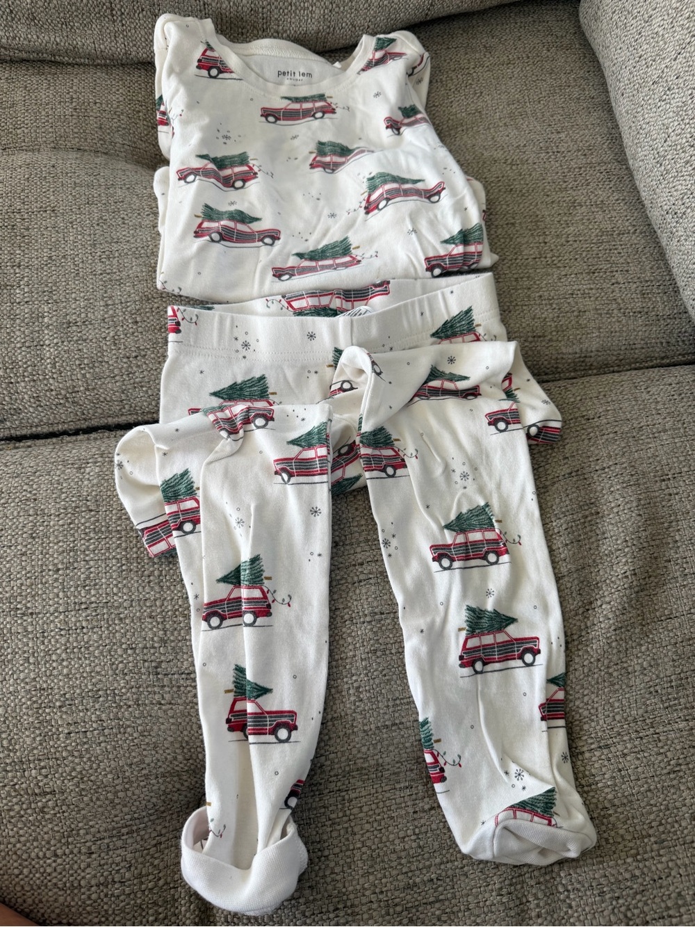 Petit Lem White Pajama Set with Red Car and Green Tree Print